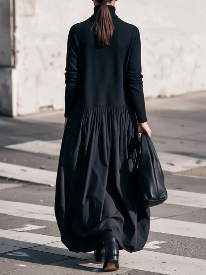 Violetta | Abito Maxi Oversize Nero con Collo Alto e Dettaglio Tasche
