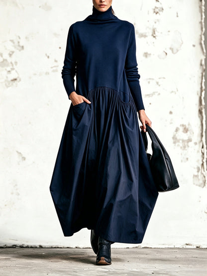 Ilenia | Abito Maxi Oversize Nero con Collo Alto e Tasche