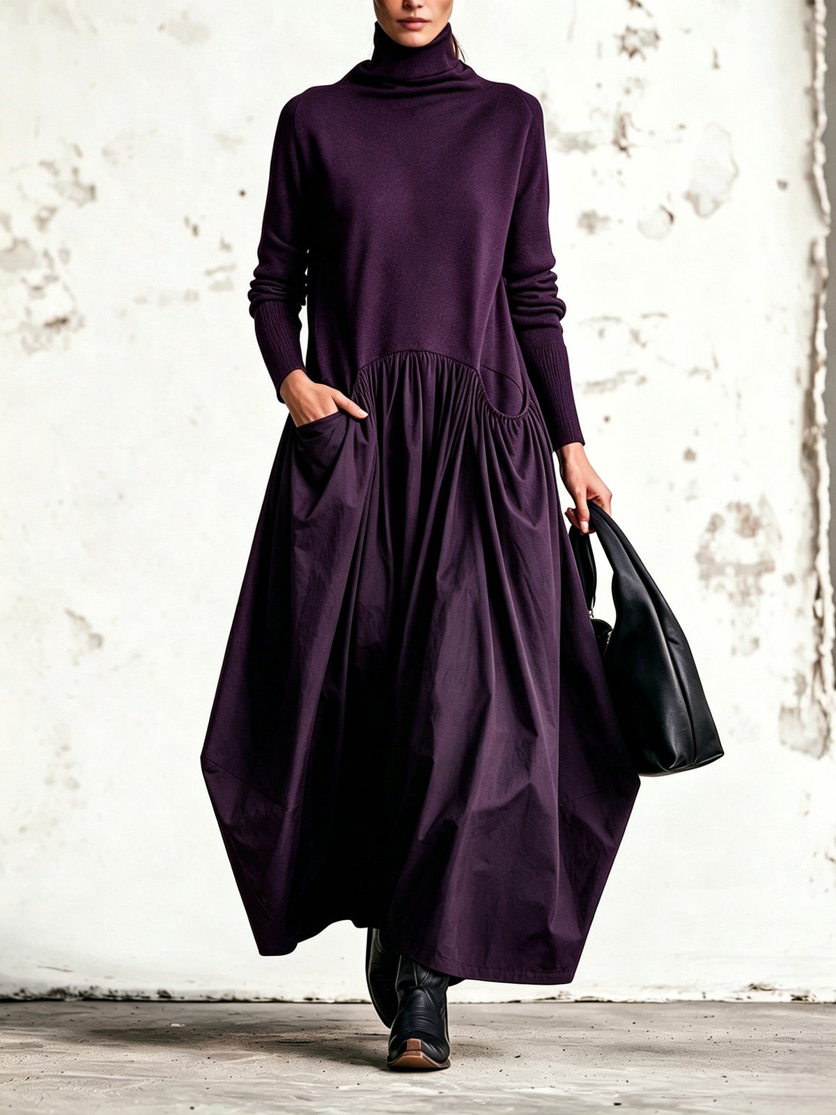 Ilenia | Abito Maxi Oversize Nero con Collo Alto e Tasche
