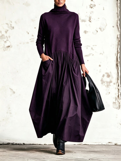 Violetta | Abito Maxi Oversize Nero con Collo Alto e Dettaglio Tasche