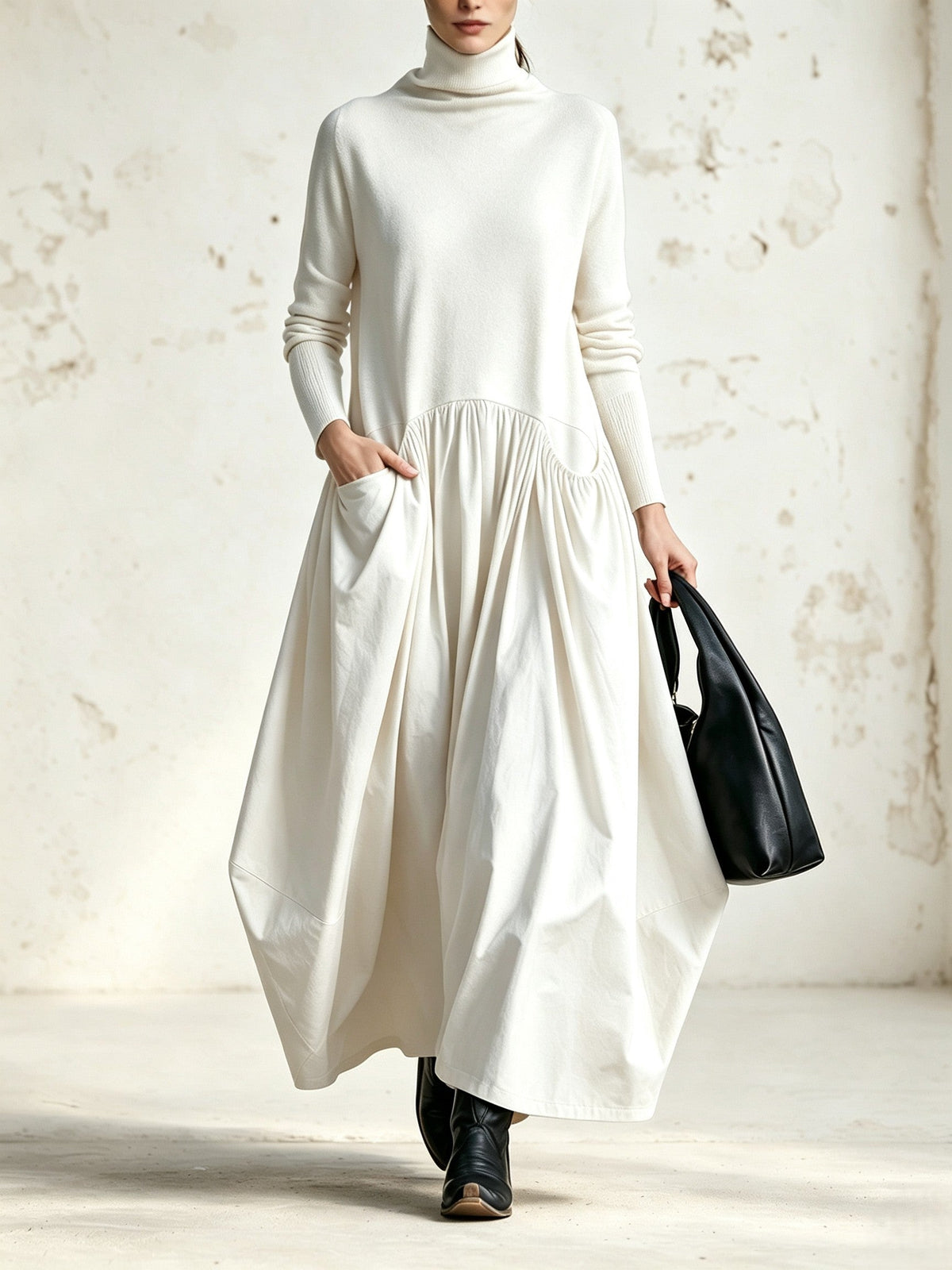 Violetta | Abito Maxi Oversize Nero con Collo Alto e Dettaglio Tasche