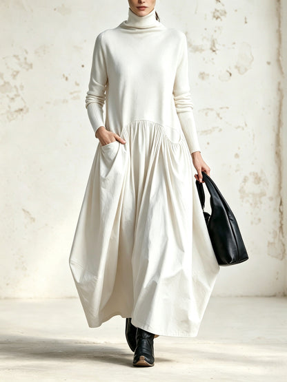 Violetta | Abito Maxi Oversize Nero con Collo Alto e Dettaglio Tasche