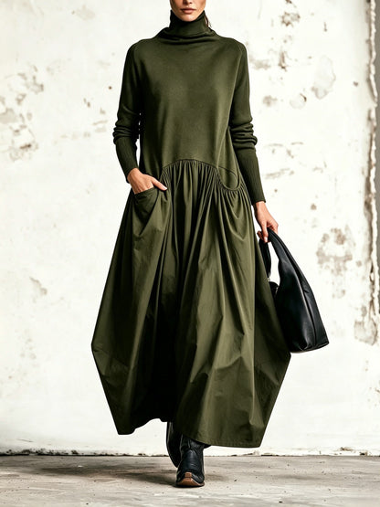 Violetta | Abito Maxi Oversize Nero con Collo Alto e Dettaglio Tasche