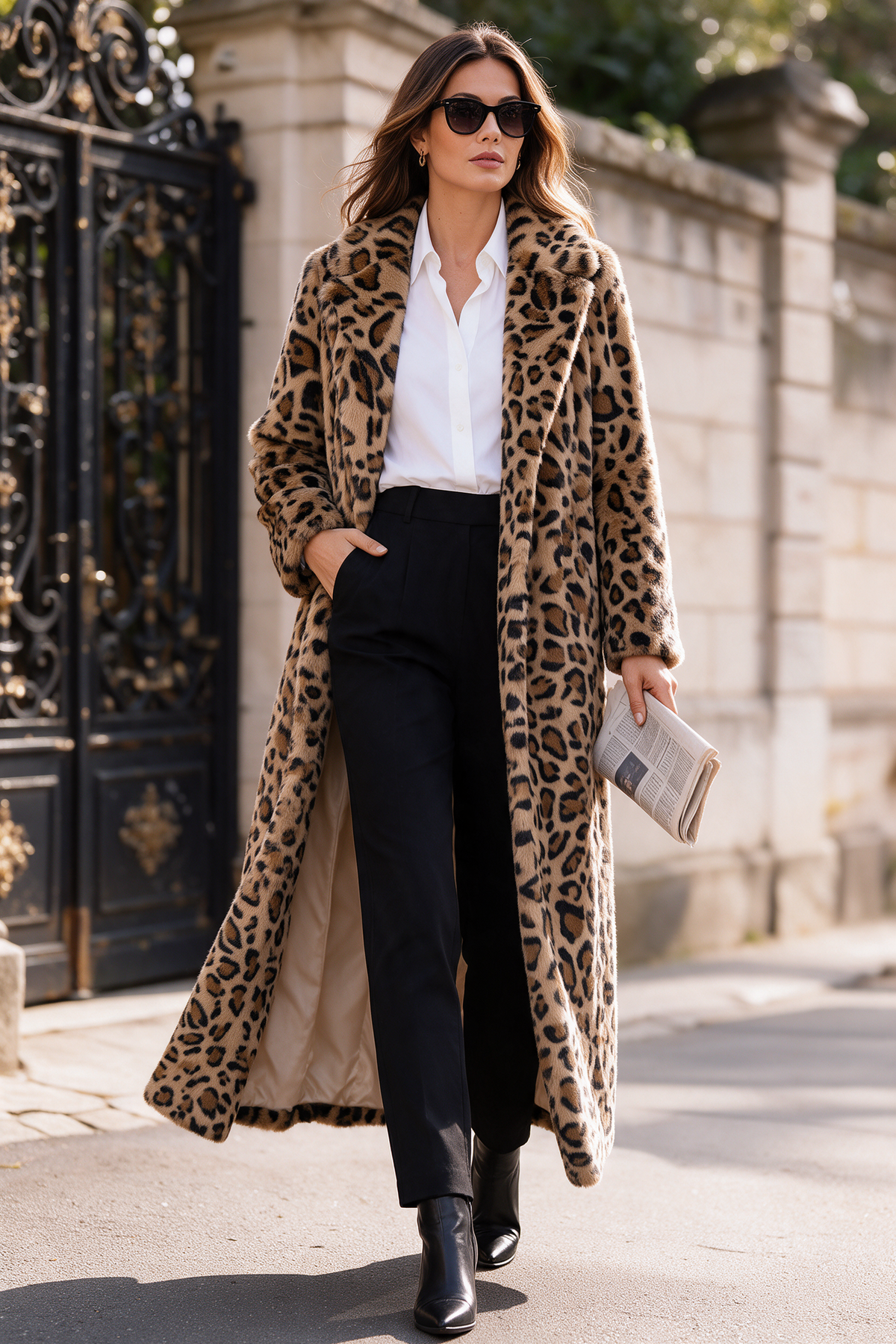 Selvaggia | Cappotto Lungo Leopardato in Pelliccia Sintetica con Cintura