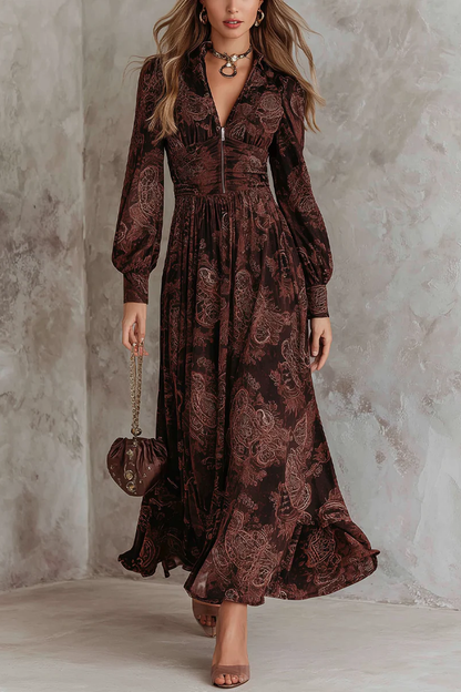 Loredana | Abito Maxi Marrone Stampa Cachemire con Zip in Vita