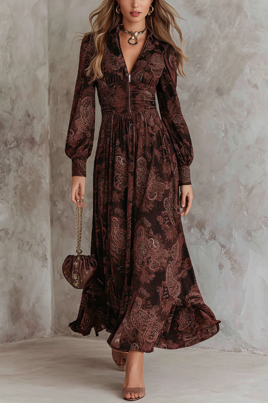 Loredana | Abito Maxi Marrone Stampa Cachemire con Zip in Vita
