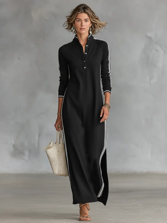Marisa | Abito Maxi Stile Felpa con Collo Abbottonato e Bordi Bianchi