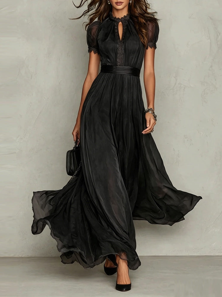 Maxi Abito in Chiffon Viola con Scollo a Goccia e Bordo in Pizzo