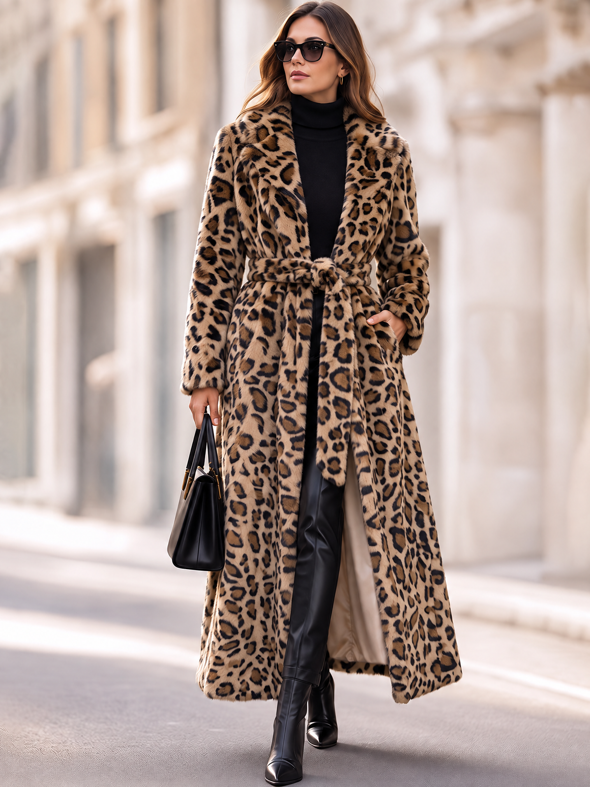 Selvaggia | Cappotto Lungo Leopardato in Pelliccia Sintetica con Cintura
