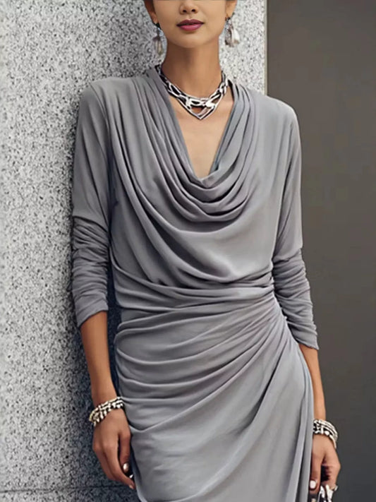 Annalisa | Abito Maxi a Collo Drappeggiato Maniche Lunghe
