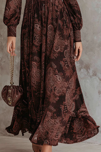 Loredana | Abito Maxi Marrone Stampa Cachemire con Zip in Vita