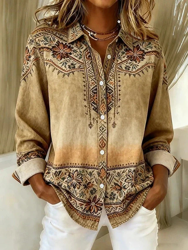 Carmelina | Camicia Vintage con Bottoni e Stampa Floreale Geometrica