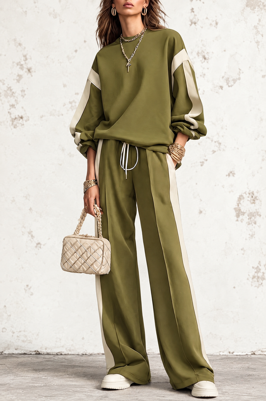 Tamara | Completo Casual con Felpa Verde Oliva a Girocollo e Pantaloni Ampi con Coulisse