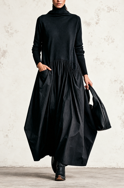 Ilenia | Abito Maxi Oversize Nero con Collo Alto e Tasche
