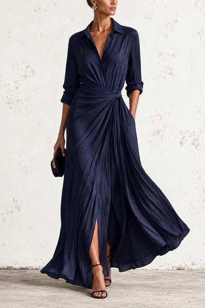 Romina | Elegante Abito Chemisier Maxi Blu Marino con Nodo