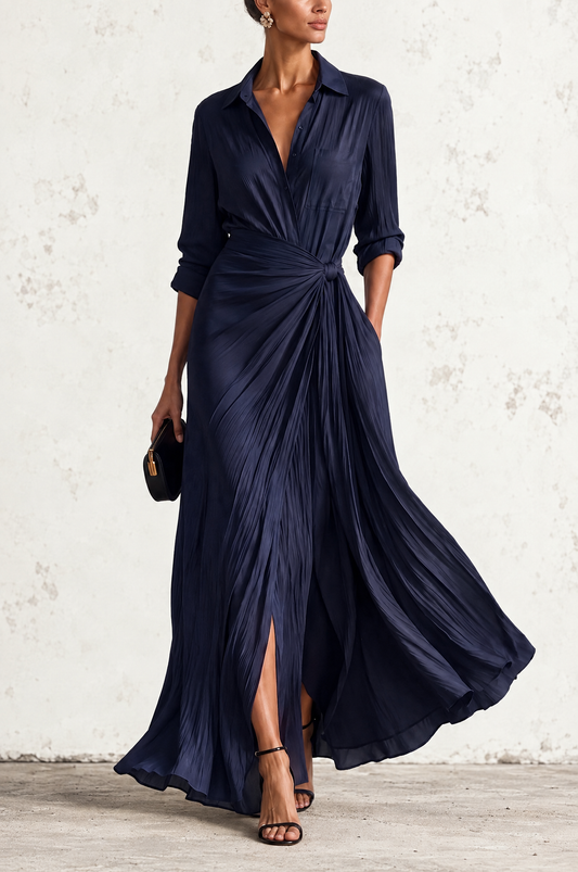 Romina | Elegante Abito Chemisier Maxi Blu Marino con Nodo