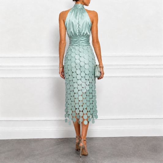 Erminia | Abito Midi in Raso con Collo all'Americana e Gonna a Dischi