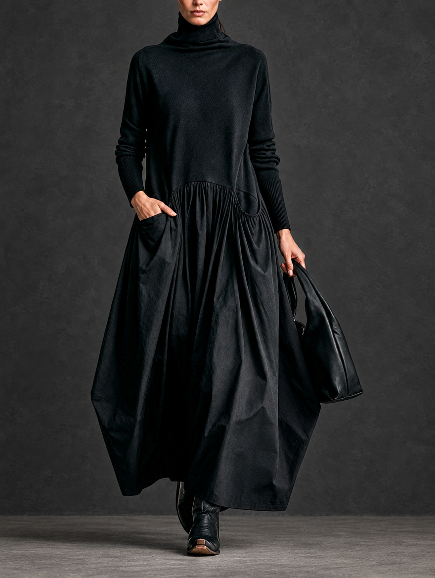Violetta | Abito Maxi Oversize Nero con Collo Alto e Dettaglio Tasche