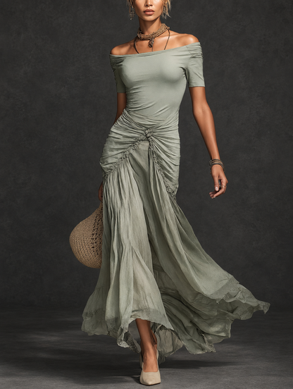 Brigida | Abito Lungo in Tessuto Elasticizzato e Chiffon Grigio