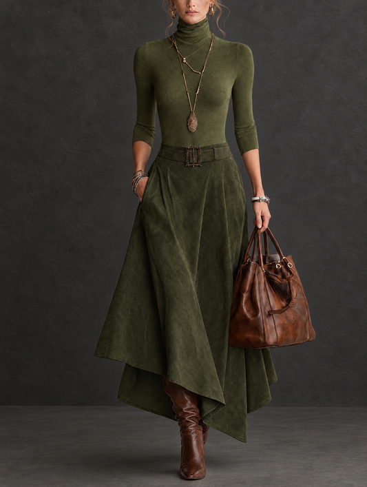 Oriana | Completo Top a Collo Alto Elasticizzato e Gonna Asimmetrica in Finta Pelle Scamosciata Verde Oliva (con cintura)