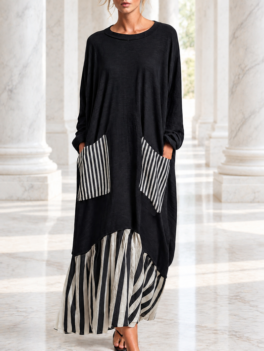 Martina | Abito Lungo Oversize in Cotone Nero con Righe in Stile Patchwork