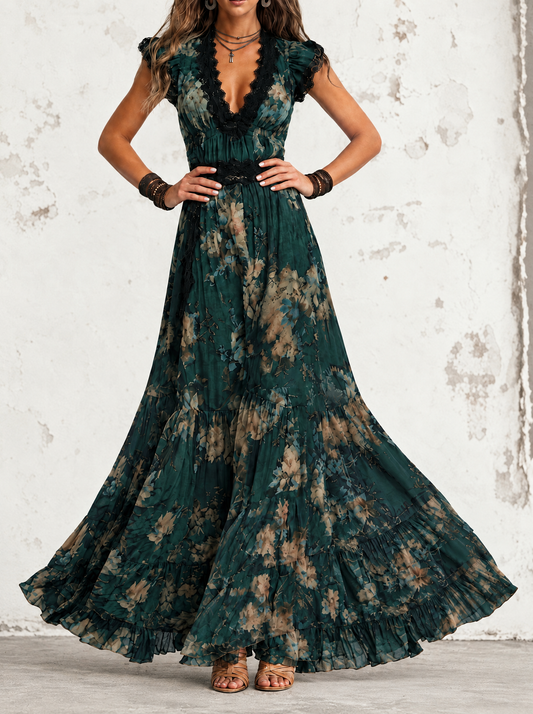 Ginestra | Abito Lungo in Chiffon Vintage Verde Scuro con Pizzo Floreale