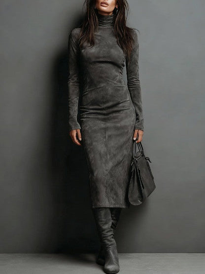 Lorena | Abito Midi Effetto Suede con Collo Alto e Maniche Lunghe