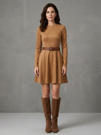 Rosita | Mini Abito Effetto Suede con Cintura e Gonna a Ruota, Cammello