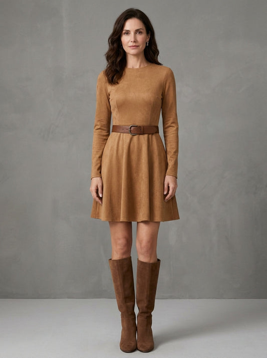 Rosita | Mini Abito Effetto Suede con Cintura e Gonna a Ruota, Cammello