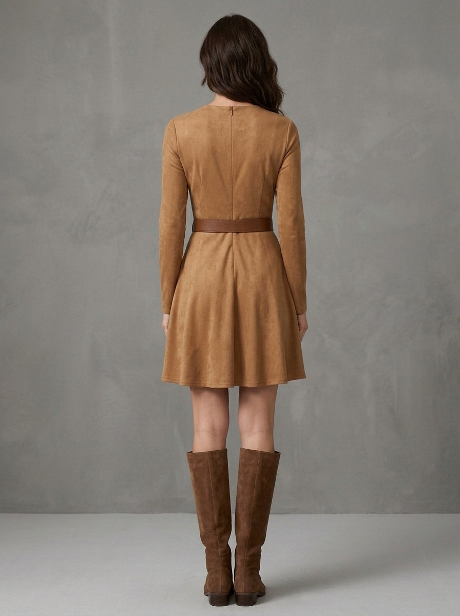 Rosita | Mini Abito Effetto Suede con Cintura e Gonna a Ruota, Cammello