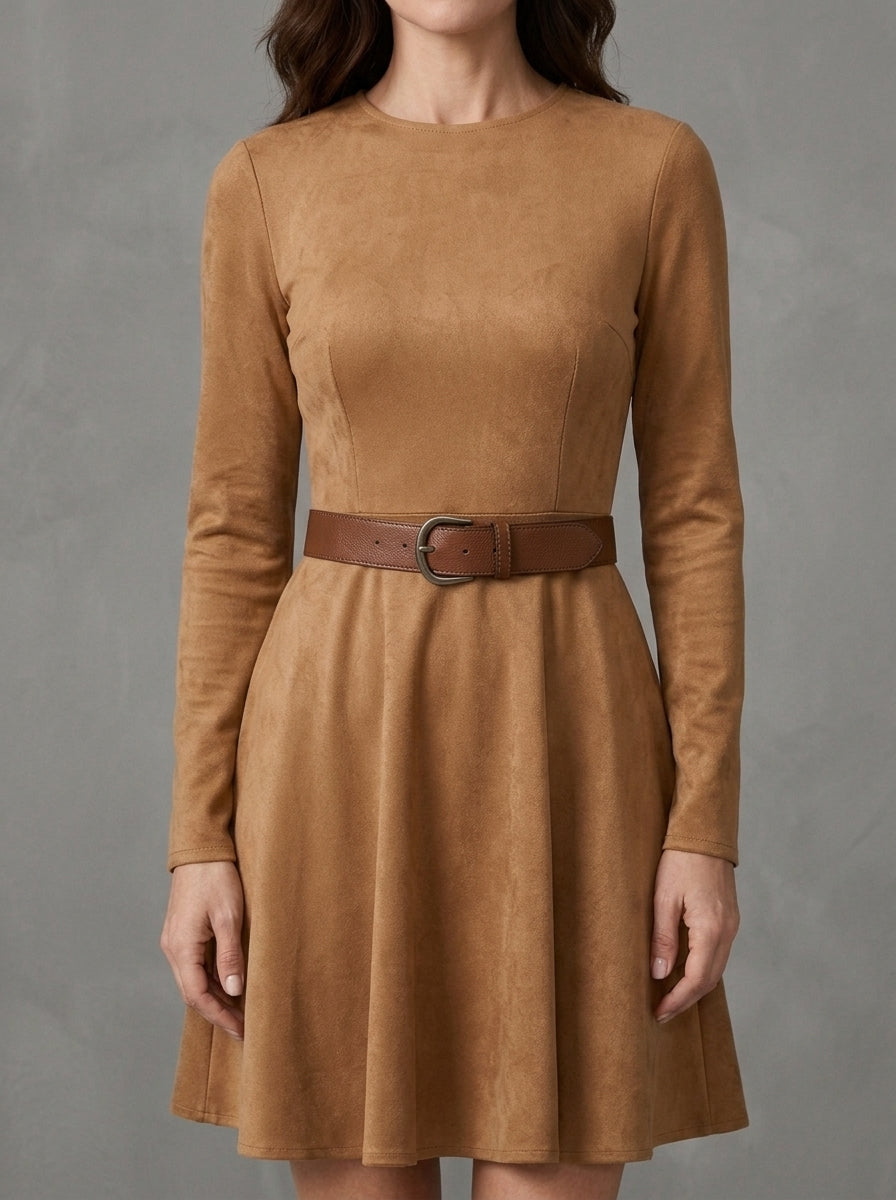 Rosita | Mini Abito Effetto Suede con Cintura e Gonna a Ruota, Cammello