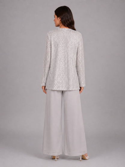 Zelinda | Completo Tre Pezzi con Giacca Aperta in Paillettes, Top e Pantaloni a Gamba Larga