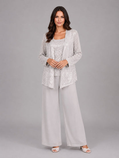 Zelinda | Completo Tre Pezzi con Giacca Aperta in Paillettes, Top e Pantaloni a Gamba Larga