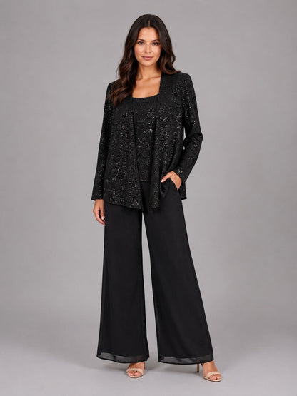 Zelinda | Completo Tre Pezzi con Giacca Aperta in Paillettes, Top e Pantaloni a Gamba Larga