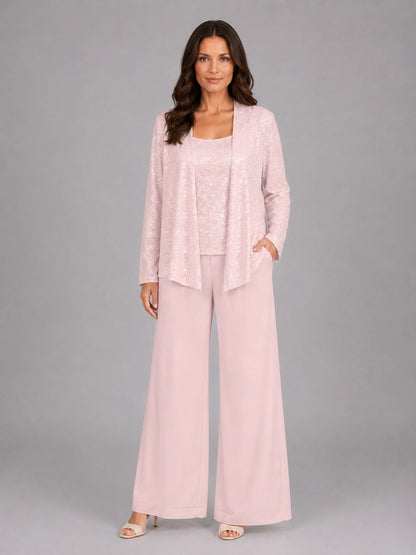 Zelinda | Completo Tre Pezzi con Giacca Aperta in Paillettes, Top e Pantaloni a Gamba Larga