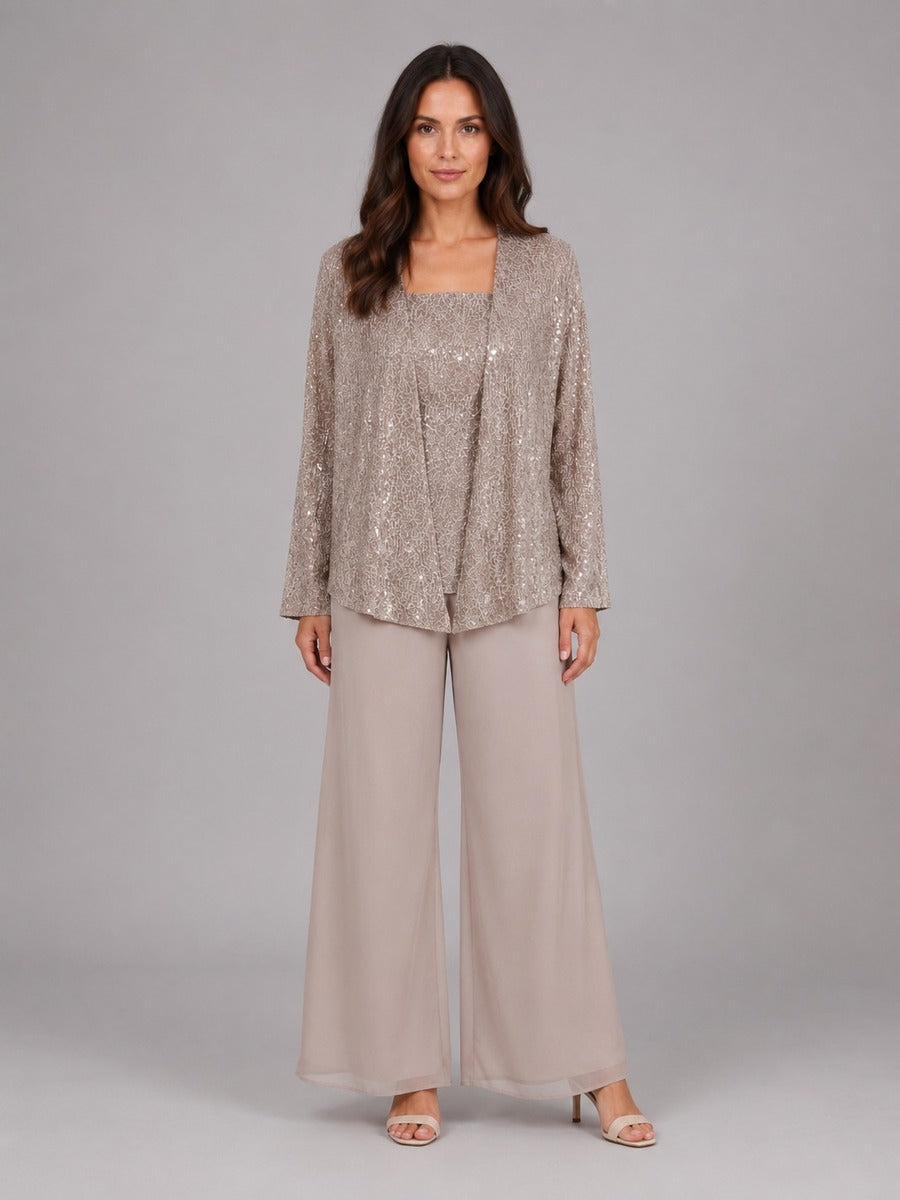 Zelinda | Completo Tre Pezzi con Giacca Aperta in Paillettes, Top e Pantaloni a Gamba Larga